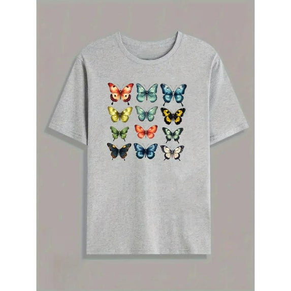 Nature Butterfly Graphic Tee Shirt Exquisite Collection Tops Shirt Short Sleeve Crew Neck Gray S-3XL