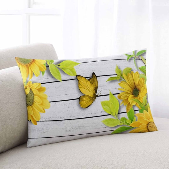 Nature Butterfly Sunflower Throw Pillow Cover,Spring Summer Country Wooden Grain Rectangle Decorative Pillow Case Protector Soft Cushion Cover Lumbar Pillowcase for Couch Sofa Bedroom Decor 20x36 In