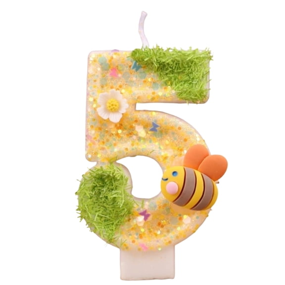 Nature Cake Topper, Spring Birthday Decor, Birthday Candle Glitter Bee Number 5 Sequins Candles Cute Cake Topper Decorations Happy Birthday Candle for Anniversary Party Supplies, Bee Number 5