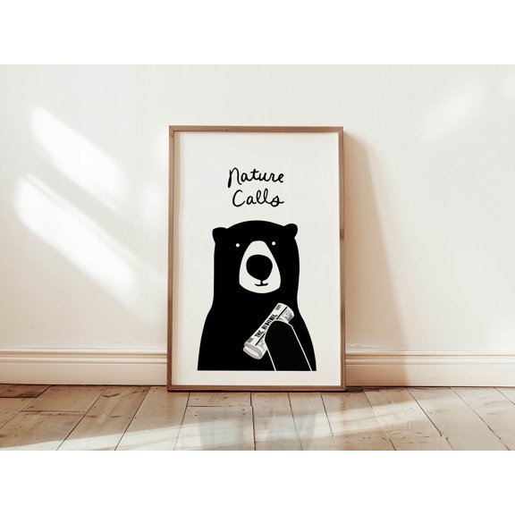 Nature Calls Bear Bathroom Poster, Funny Toilet Humor Wall Art