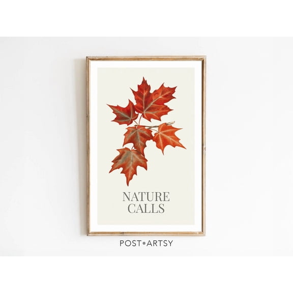 Nature Calls Fall Leaves Poster Retro Restroom Bathroom Art, Unframed Poster