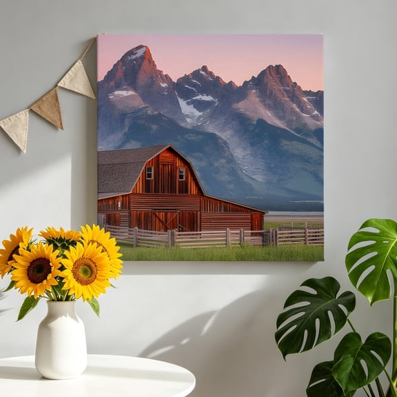 Nature Canvas Wall Art, Red Barn Rustic Mountain Farmhouse Scenery Pictures Wall Decor Wooden Framed Artwork Art Prints for Living Room Hallway Bedroom Office 8"x8"