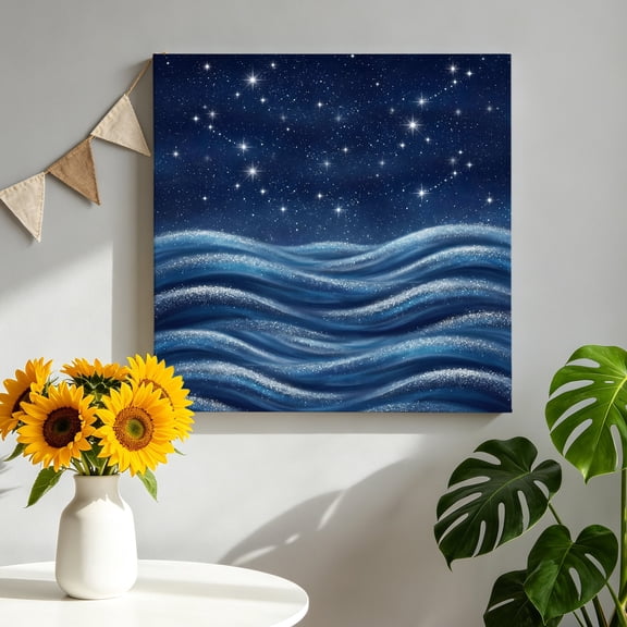 Nature Canvas Wall Art, Romantic Starry Sky Artistic Gradient Blue Swirl Wave Pictures Wall Decor Wooden Framed Artwork Art Prints for Living Room Hallway Bedroom Office 10"x10"