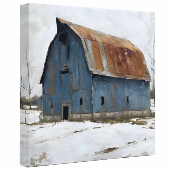 Nature Canvas Wall Art, print in USA Blue Barn Snowy Field Rustic Canvas Art Prints Decor Canvas Painting Prints Artwork Wooden Framed for Living Room Bathroom Bedroom Decoration