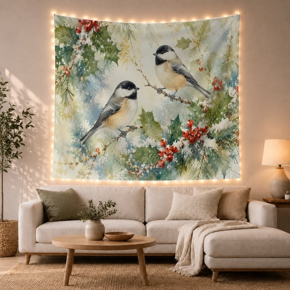Nature Capped Chickadees with Perched Snow Dusted Branches, Mystical Fantasy for Space Lovers, Galaxy Room Decor, Christmas Gift, Tapestry Wall Hanging for Bedroom and Dorm