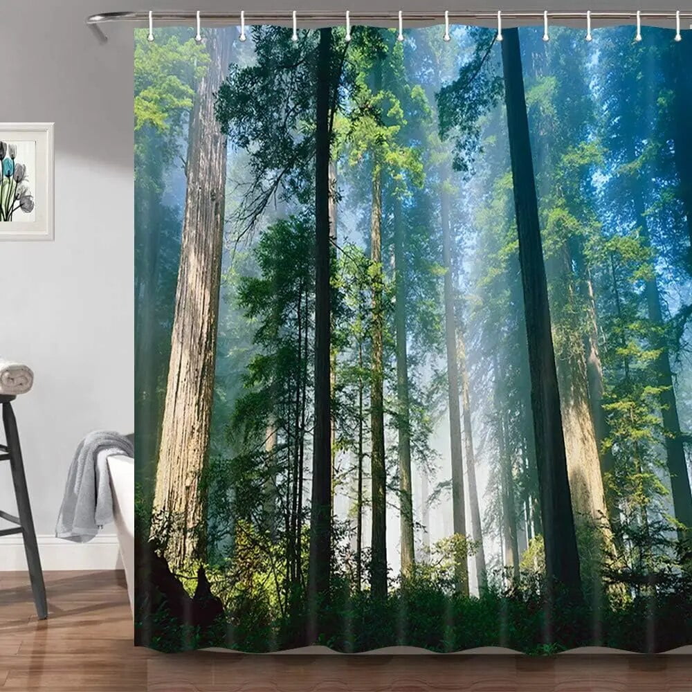 Nature Cave Waterfall Shower Curtains Mountain Forest Green Tree Jungle