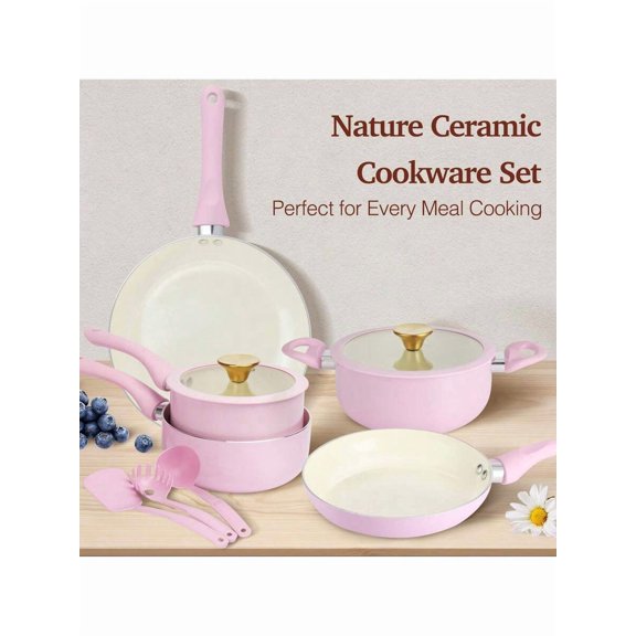 Nature Ceramic Cookware Set Pink 11-Piece Nonstick Induction Compatible