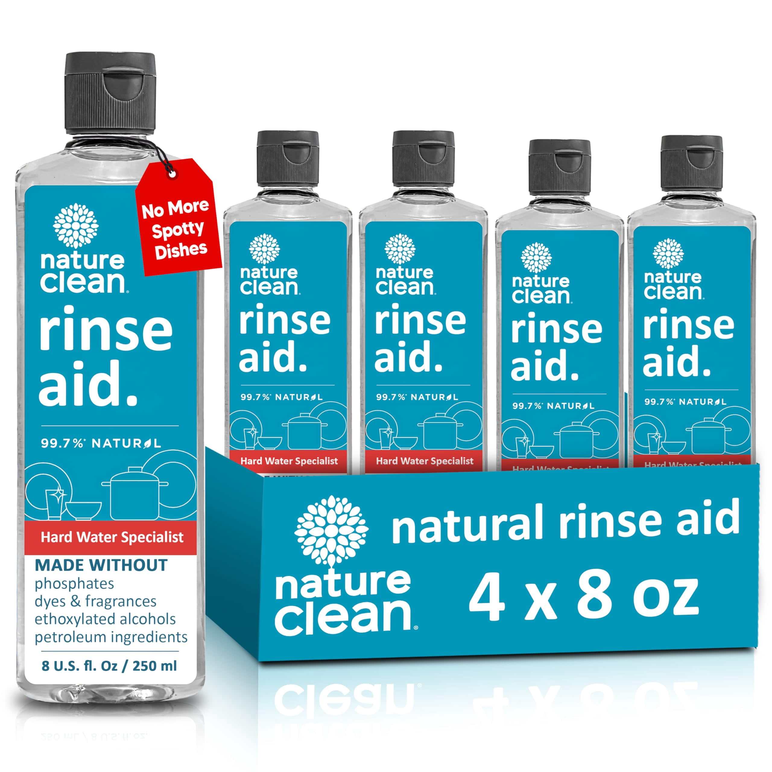 Nature Clean Dishwasher Rinse Aid Liquid, Non Toxic Natural Formula, Spot Free Shine for Glasses & Dishes, Hard Water Stain Remover, Dishwasher Drying Agent, 8 oz/250 ml Pack of 4