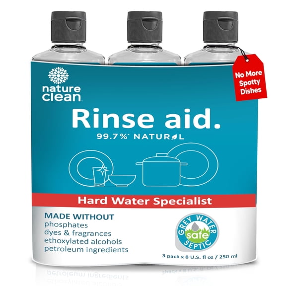 Nature Clean Dishwasher Rinse Aid Liquid, Non Toxic Natural Formula, Spot Free Shine for Glasses & Dishes, Hard Water Stain Remover, Dishwasher Drying Agent, 8 oz/250 ml Pack of 3