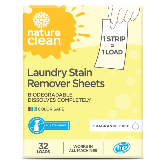 Nature Clean Natural Stain Remover for Clothes Laundry Strips Unscented 32 Count, Non-Toxic Advanced Stain Remover Treater Laundry Sheets, Plastic-Free Travel Stain Remover for Fabric Eco-Friendly