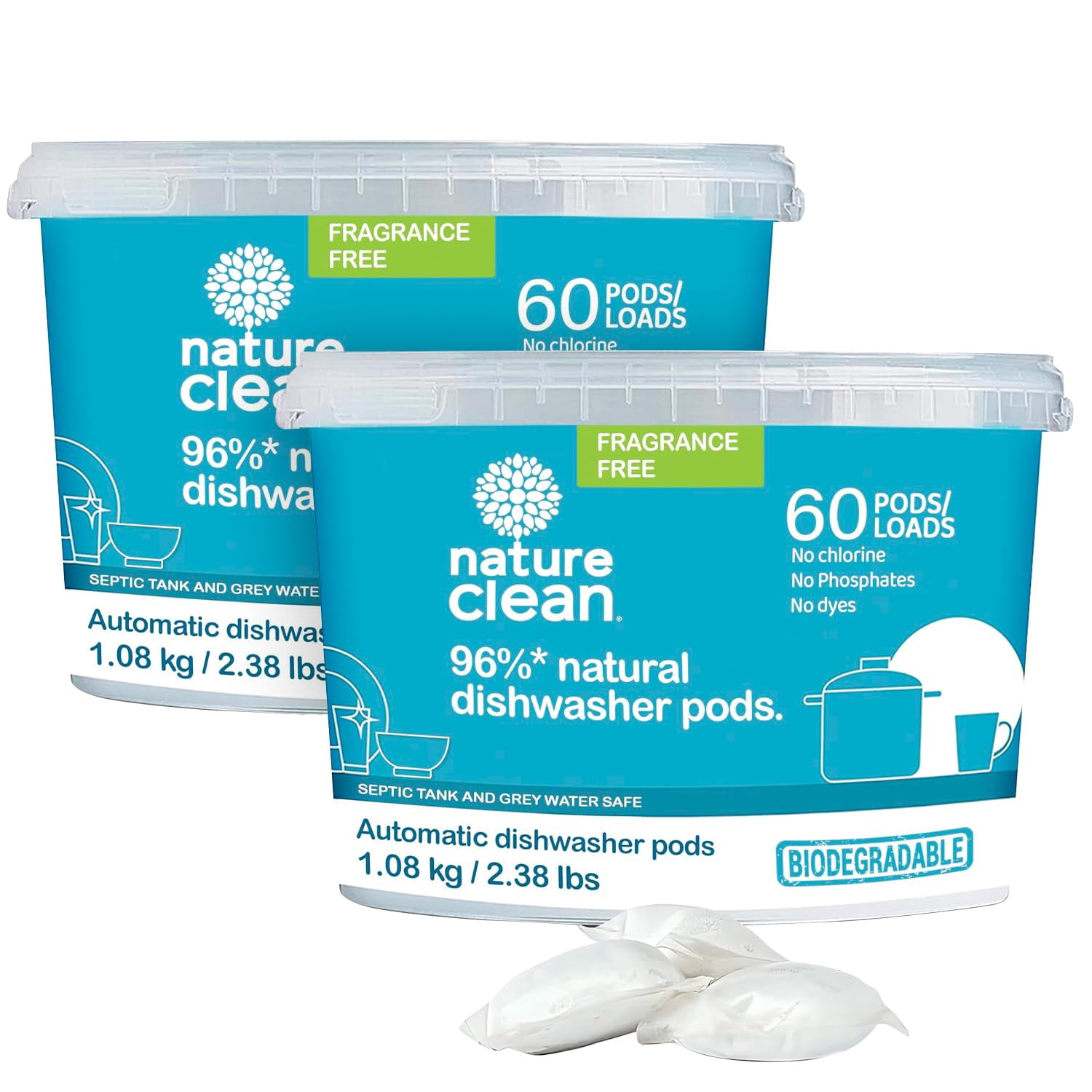 Nature Clean Non Toxic Dishwasher Detergent Pods, Plant-Based Dishwashing Pods, Non-Toxic & Unscented Dish Pods, Tough on Grease, Eco-Friendly Cleaning Power, 60 Count, Pack of 2