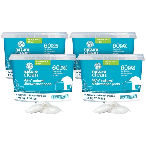 Nature Clean Non Toxic Dishwasher Detergent Pods, Plant-Based Dishwashing Pods, Non-Toxic & Unscented Dish Pods, Tough on Grease, Eco-Friendly Cleaning Power, 60 Count, Pack of 4