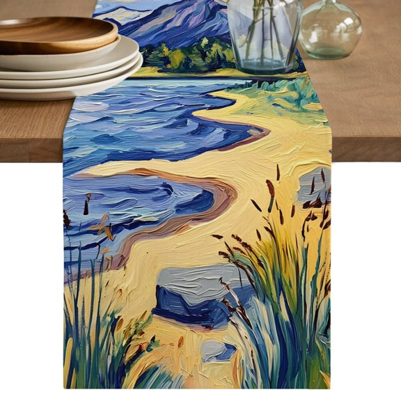 Nature Coastal Table Runner 36 Inches Long,Abstract Oil Painting Mountains Forest Tree Cotton Linen Table Runners Dresser Scarves,Fabric Tabletop Scarf Furniture Cover for Home Dinner Party 13"x36"