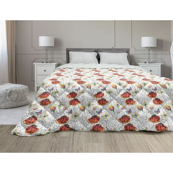 Nature Comforter & Sham Bedding Set, Flowers with Swirled Branches Butterflies in Watercolors Botanical Summer, 3 pcs Duvet Set Microfiber Filling Quilt, 5 Sizes, Multicolor, by Ambesonne