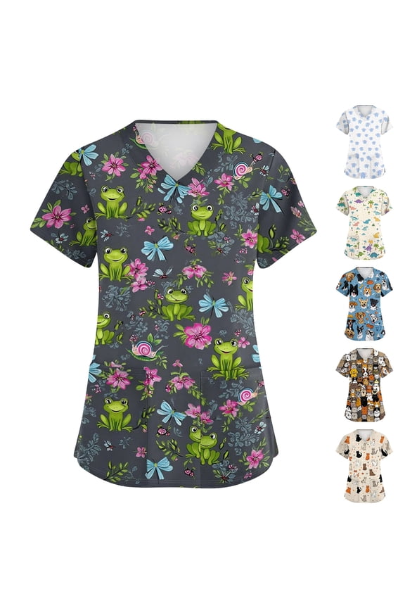 Nature Critter Print Scrub Top for Women, V-Neck Short Sleeve Medical Uniform with Pockets - Breathable Vet Nurse Workwear Tunic Green XXL