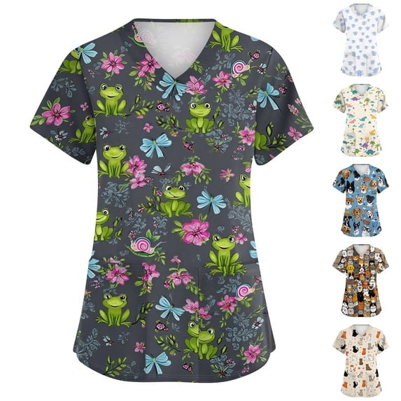 Nature Critter Print Scrub Top for Women, V-Neck Short Sleeve Medical Uniform with Pockets - Breathable Vet Nurse Workwear Tunic Light Gray XXL