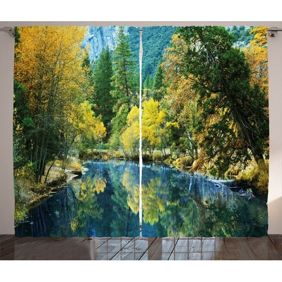Ambesonne Nature Curtains 2 Panel Set, Autumn Forest Landscape, 108" x 84", Green Blue Yellow
