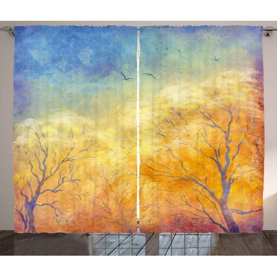 Ambesonne Nature Curtains 2 Panel Set, Autumn Trees Gulls Sky, 108" x 108", Blue Marigold Yellow