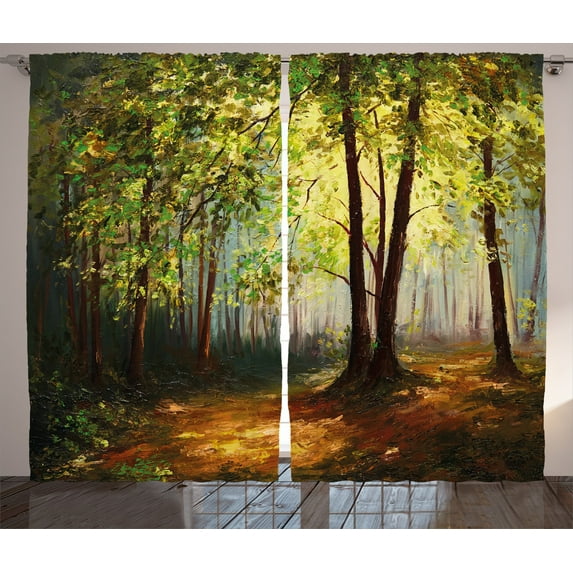 Ambesonne Forest Curtains 2 Panel Set, Spring Woodland Trees, 108" x 108", Fern Green Cinnamon