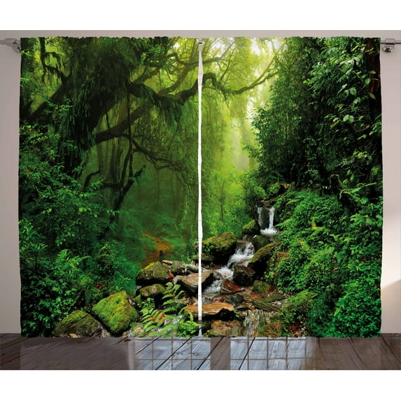 Ambesonne Nature Curtains 2 Panel Set, Idyllic Forest Design, 108" x 108", Emerald Hunter Green
