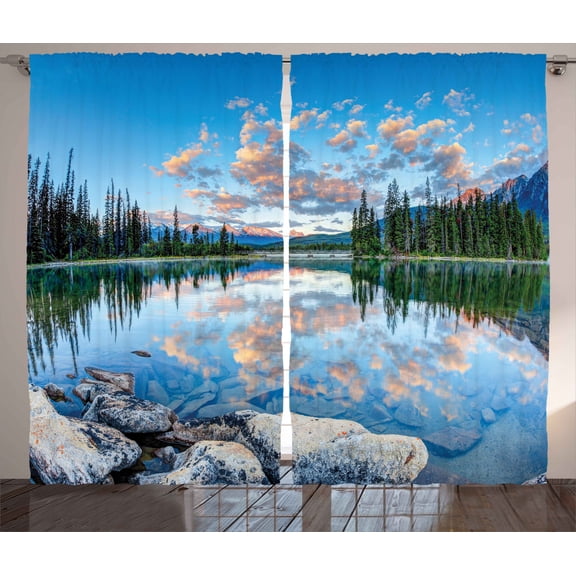 Ambesonne Nature Curtains 2 Panel Set, Golden Sunrise Scenery, 108" x 108", Blue Green