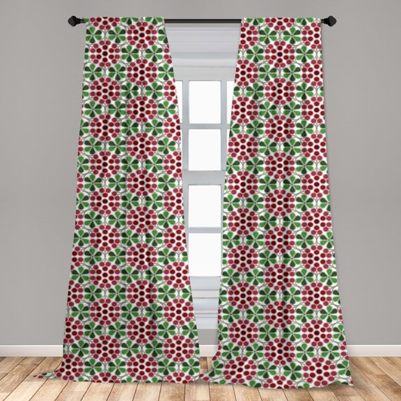 Nature Curtains 2 Panels Set, Minimalist Fruit Pattern in Abstract Style Cranberries with Green Leaves, Window Drapes for Living Room Bedroom, 56"W X 95"L, Ruby Dried Rose Green, by Ambesonne