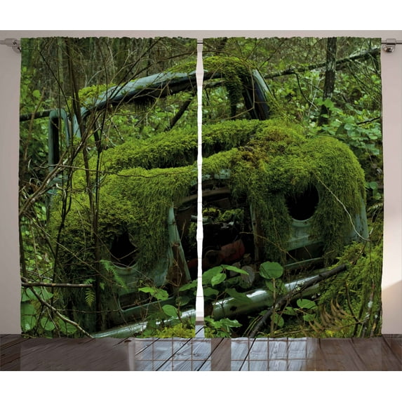 Ambesonne Vintage Curtains 2 Panel Set, Old Classic Car Forest, 108" x 84", Olive Green and Dimgrey