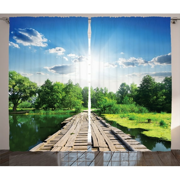 Ambesonne Nature Curtains 2 Panel Set, Wooden Bridge on River, 108" x 90", Blue Green