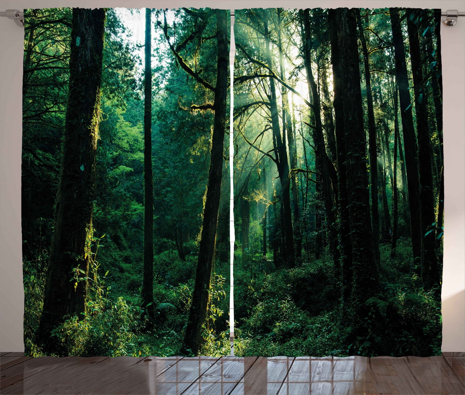 Tropical Jungle Green Polyester Light-Filtering Curtain Panels, 63" x 108"