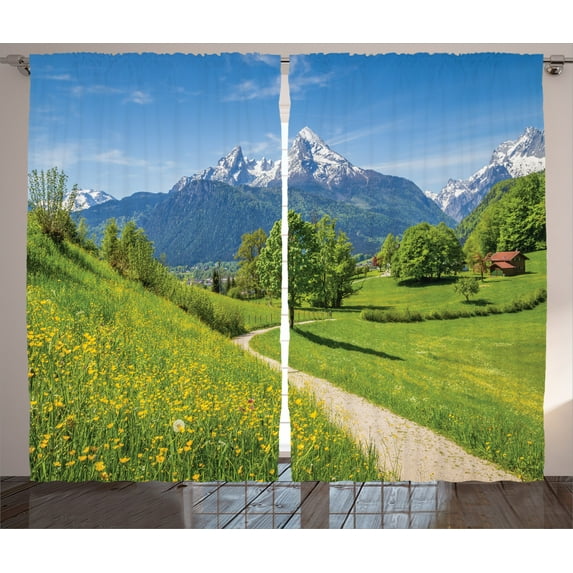 Ambesonne Nature Curtains 2 Panel Set, Wild Flowers in Alps, 108" x 90", Yellow Green