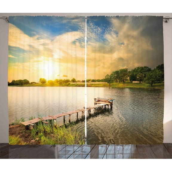Ambesonne Outdoor Curtains 2 Panel Set, Wood Deck Lake Foliage, 108" x 63", Multicolor
