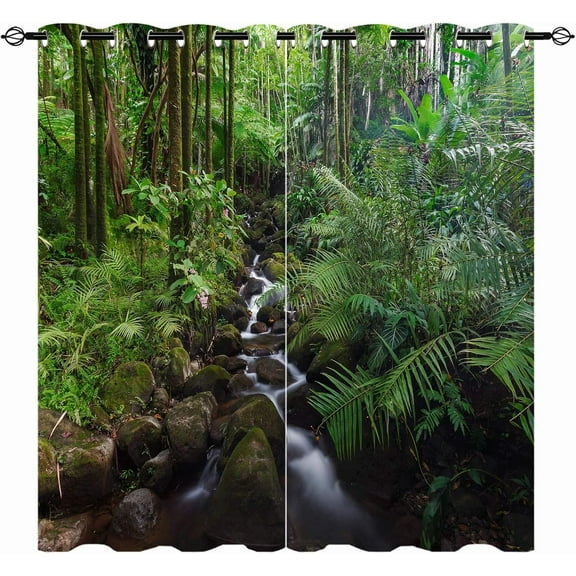Nature Curtains, Jungle Forest Scenery Waterfall Green Tree Landscape Theme Print Patterned Waterproof Fabric Grommet Window Drapes for Bedroom Living Room Cafe Office 2 Panels W42 x L63