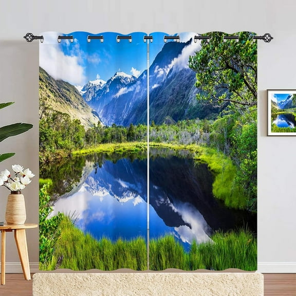 Nature Curtains - Landscape Theme Lake Forest Trees Mountains Blue Sky Clouds Scenery Scene Print Pattern Grommet Light Filtering Window Drapes for Bedroom Living Room 2 Panels 52 x 84 Inch