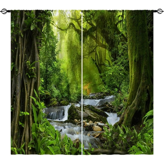 Nature Curtains Rod Pocket Forest Tropical Jungle River Rainforest Waterfall Landscape Scenery Print Pattern Window Drapes for Bedroom Living Room Cafe Office W42 x L84 Inch 2 Panels