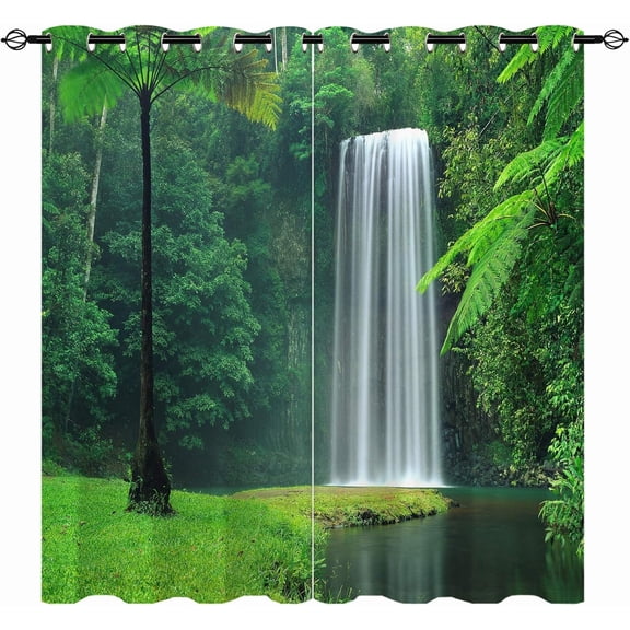 Nature Curtains, Waterfall Theme Wild Scene Mountain Stream Scenery Print Patterned Home Decor Waterproof Fabric Grommet Window Drapes for Kitchen Bedroom Living Room 2 Panels W27.5 x L39