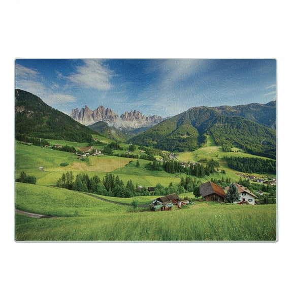 Nature Cutting Board, Alps in the Spring Season with Fresh Grass Sky Majestic Mountains Image, Decorative Tempered Glass Cutting and Serving Board, Small Size, Green Blue, by Ambesonne