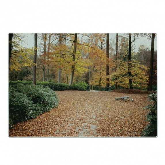 Nature Cutting Board, Autumn Forest with Deciduous Trees Fall Leaves in Faded Eco Image, Decorative Tempered Glass Cutting and Serving Board, Small Size, Hunter Green Marigold, by Ambesonne