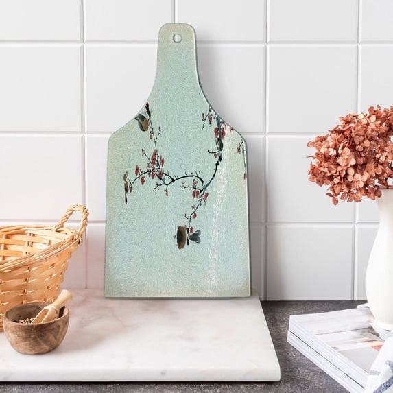 Nature Cutting Board, Birds on Cherry Tree Branches Summer Classic Oriental Illustration, Decorative Tempered Glass Cutting and Serving Board, Wine Bottle Shape, Ruby Pale Caramel, by Ambesonne