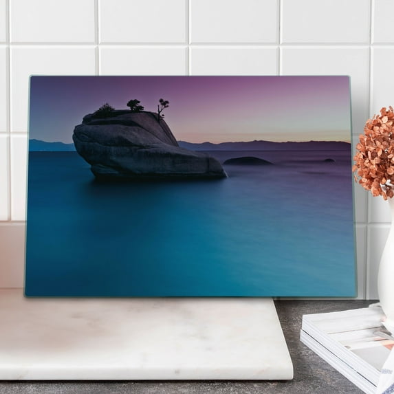 Nature Cutting Board, Bonsai Rock in Lake Tahoe Tropical Surreal Scenery Exotic Vivid Colors Art, Decorative Tempered Glass Cutting and Serving Board, Large Size, Purple Grey Blue, by Ambesonne