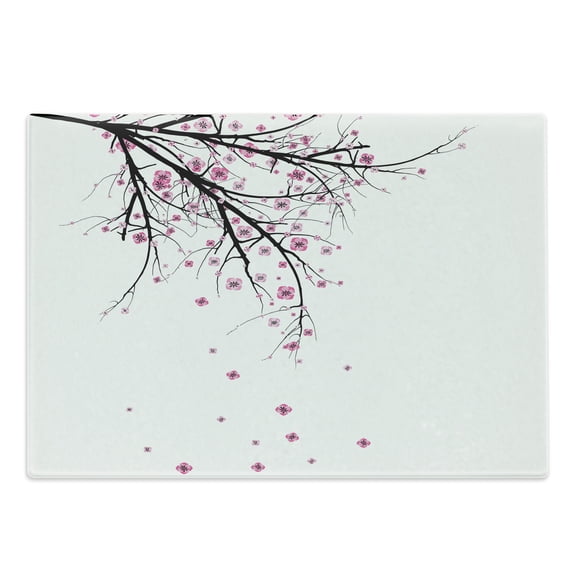 Nature Cutting Board, Cherry Blossoming Falling Petals Flowers Springtime Park Simple Illustration Print, Decorative Tempered Glass Cutting and Serving Board, Large Size, Pink Black, by Ambesonne