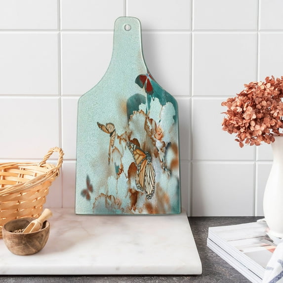 Nature Cutting Board, Colorful Butterflies Flying over Violet Petals Flowers Spring Beauty Illustration, Tempered Glass Cutting and Serving Board, Wine Bottle Shape, Multicolor, by Ambesonne