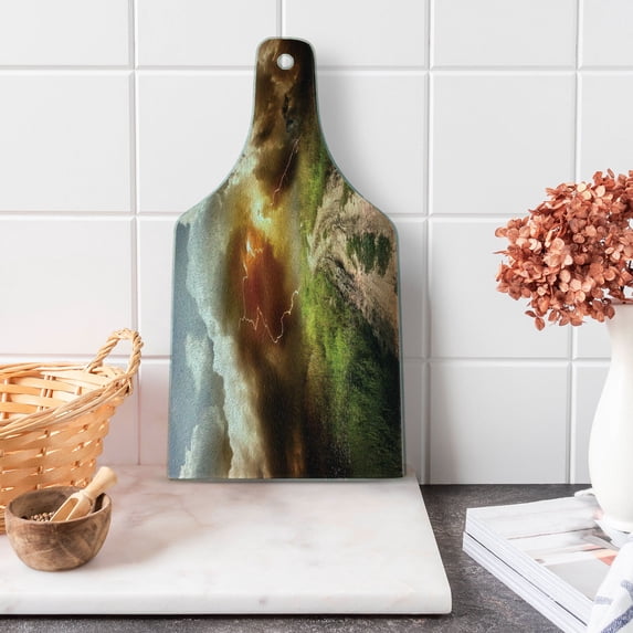 Nature Cutting Board, Dazzling Big Rain Cloud over Earth Path Road Countryside Field Climate Energy Image, Tempered Glass Cutting and Serving Board, Wine Bottle Shape, Multicolor, by Ambesonne