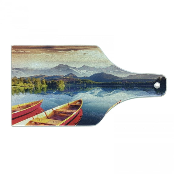 Nature Cutting Board, Dreamy Majestic Mountains View Reflections from Shore with Boats Pastoral Landscape, Tempered Glass Cutting and Serving Board, Wine Bottle Shape, Multicolor, by Ambesonne