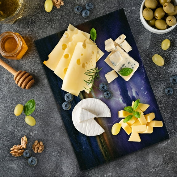 Nature Cutting Board, Epic Thunder and the Storm on the Sea Wave Horizon Bad Weather Atmosphere, Decorative Tempered Glass Cutting and Serving Board, Small Size, Purple and Orange, by Ambesonne