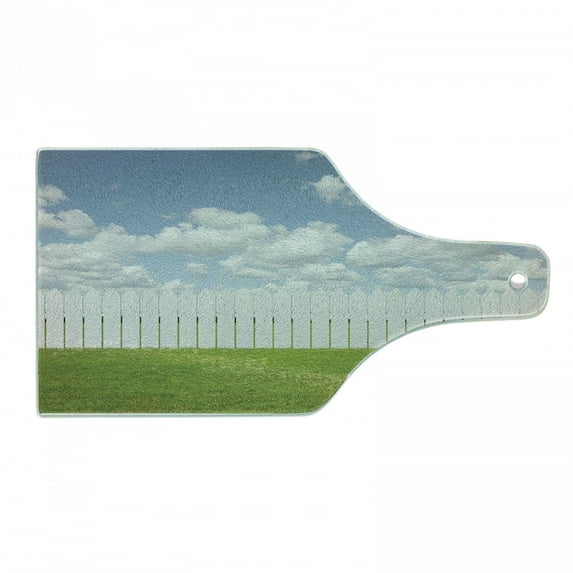 Nature Cutting Board, Exquisite Sykline with Clouds over a Meadow Serenity Tranquil Place Relax Print, Tempered Glass Cutting and Serving Board, Wine Bottle Shape, Green White, by Ambesonne