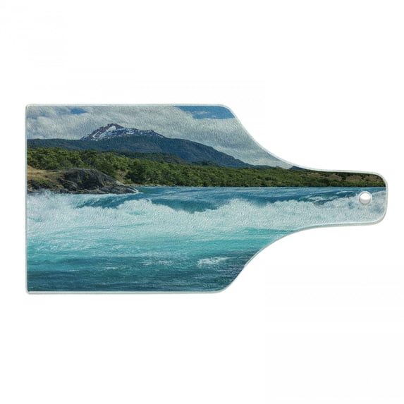 Nature Cutting Board, Flowing River Rapids Cloudy Snowy Mountain Forest Trees Wildlife Theme, Decorative Tempered Glass Cutting and Serving Board, Wine Bottle Shape, White Green Grey, by Ambesonne