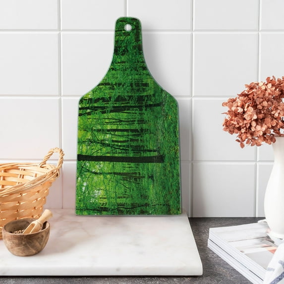 Nature Cutting Board, Green Forest Spring with Trees and Bushes Idyllic Rural Scenery Foliage Fresh Eco Picture, Tempered Glass Cutting and Serving Board, Wine Bottle Shape, Green, by Ambesonne