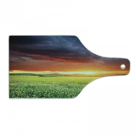 Nature Cutting Board, Horizon with Dark Storm Cloud Meadow with Sunset View Image Modern Design, Decorative Tempered Glass Cutting and Serving Board, Wine Bottle Shape, Multicolor, by Ambesonne