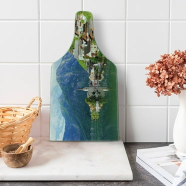 Nature Cutting Board, Idyllic Alps Village Small Town by Majestic Mountain Lake European Pastoral Scenery, Tempered Glass Cutting and Serving Board, Wine Bottle Shape, Multicolor, by Ambesonne