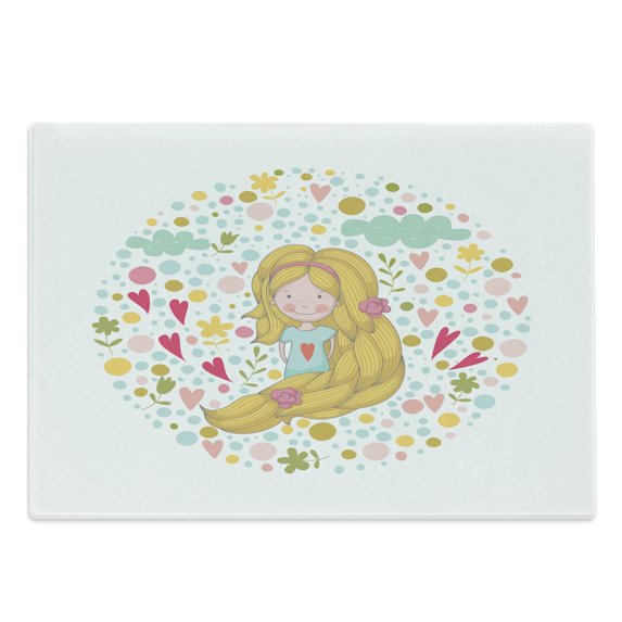 Nature Cutting Board, Little with Pinkish Cheeks and Long Hair Surrounded by Spring Nature Cartoon, Decorative Tempered Glass Cutting and Serving Board, Large Size, Multicolor, by Ambesonne